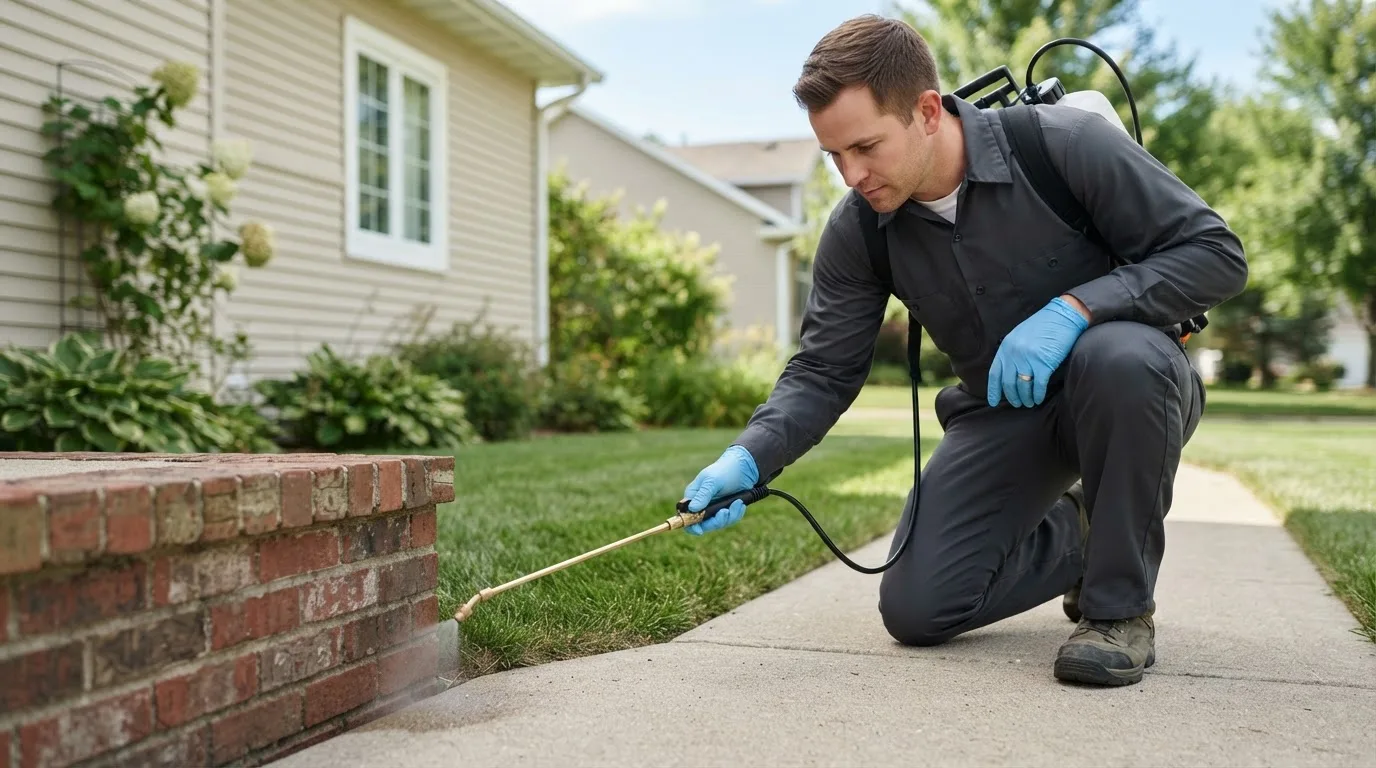 Pest control technician treating a home near Richland, IN